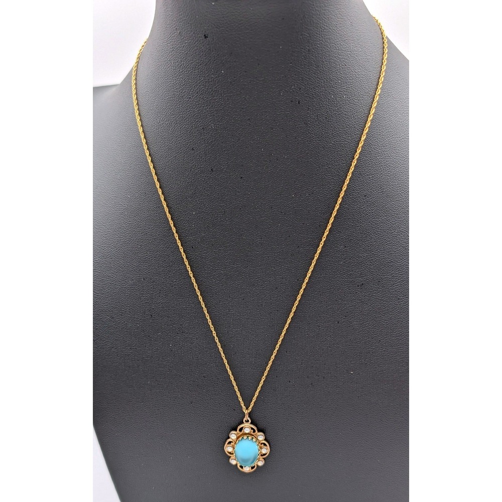 Vintage AJC 12K Gold Filled Turquoise Faux Opal Filigree Pendant Necklace 18in